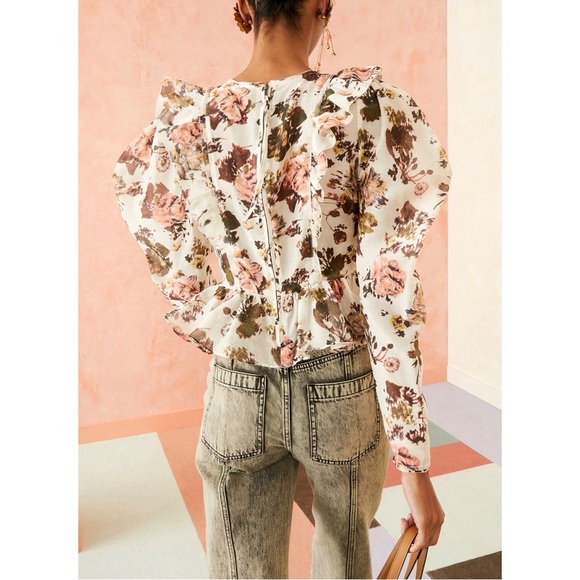 Ulla Johnson Silk-Blend Long Puff-Sleeve Floral Minnet Blouse - Picture 5 of 6